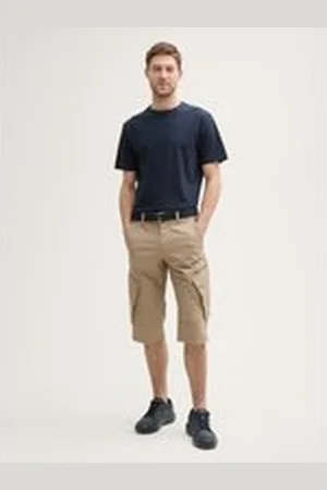 TOM TAILOR Herren TTMAX Overknee Cargo Shorts mit Gürtel, beige, Gemustert, Gr. 30, baumwolle