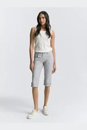 TOM TAILOR Damen Tapered Relaxed Capri Hose, blau, Gestreift, Gr. 42, biobaumwolle