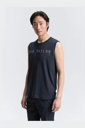 TOM TAILOR Herren Tanktop mit Logo-Print, blau, Uni, Gr. M, baumwolle