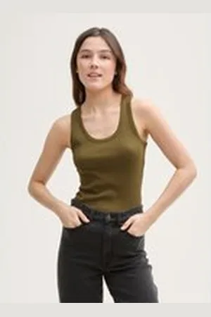 TOM TAILOR Damen Top mit Rippstruktur, grün, Uni, Gr. XXL, baumwolle