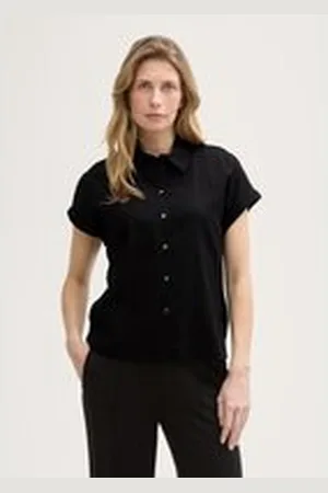 TOM TAILOR Damen Loose Fit Bluse mit Leinenanteil, schwarz, Uni, Gr. 36, leinen_zertifiziert