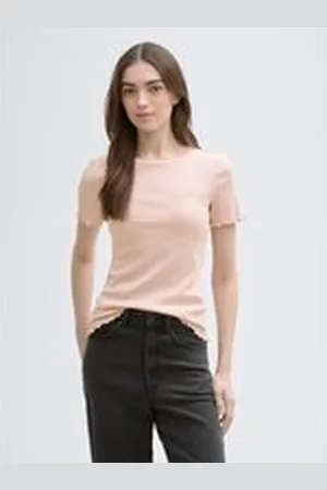 TOM TAILOR Damen T-Shirt mit Rippstruktur, rosa, Uni, Gr. XL, baumwolle