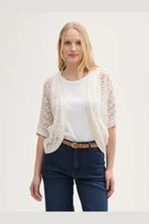 TOM TAILOR Damen Loose Fit Bolero Cardigan, weiß, Uni, Gr. XXL, baumwolle