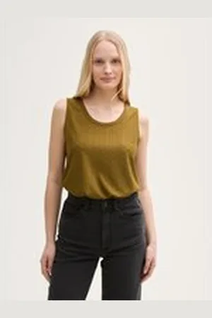 TOM TAILOR Damen Ajour Top im Material-Mix, grün, Uni, Gr. XL