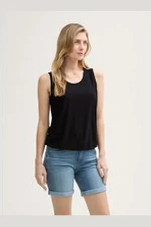 TOM TAILOR Damen Ajour Top im Material-Mix, schwarz, Uni, Gr. XL
