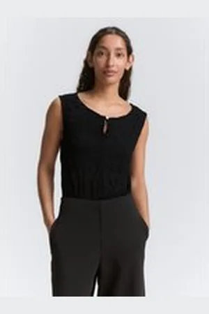 TOM TAILOR Damen Crinkle Top mit Schlitz-Detail, schwarz, Uni, Gr. XL, polyester