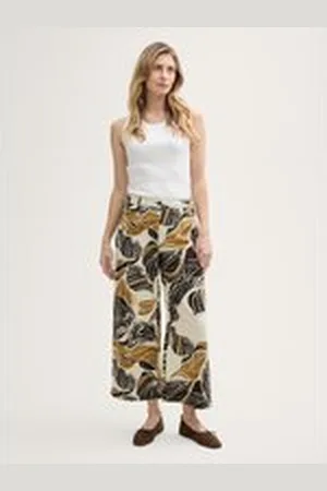 TOM TAILOR Damen Culotte Hose mit Leinenanteil, beige, Gemustert, Gr. 44/28, leinen_zertifiziert
