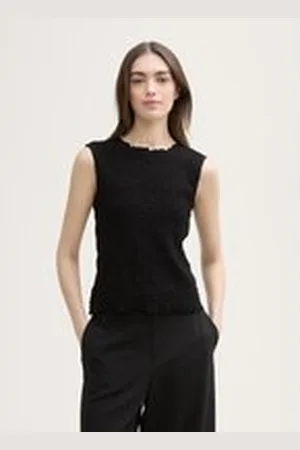 TOM TAILOR Damen Crinkle Top, schwarz, Uni, Gr. M, baumwolle
