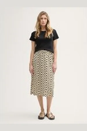 TOM TAILOR Damen High Waist Midi-Rock mit Leinenanteil, beige, Gemustert, Gr. 36, leinen_zertifiziert