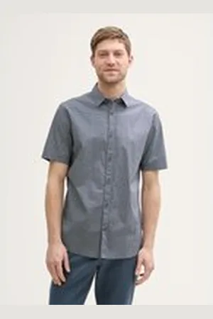 TOM TAILOR Herren Fitted Kurzarmhemd mit Print, grau, Gemustert, Gr. XXL, baumwolle