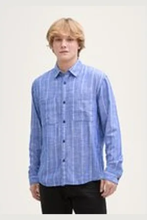 TOM TAILOR Herren Relaxed Fit Hemd mit Leinenanteil, blau, Gestreift, Gr. XXL, viskose