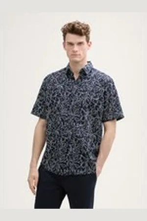 TOM TAILOR Herren Regular Fit Kurzarmhemd mit Leinenanteil, blau, Gemustert, Gr. XL, leinen_zertifiziert