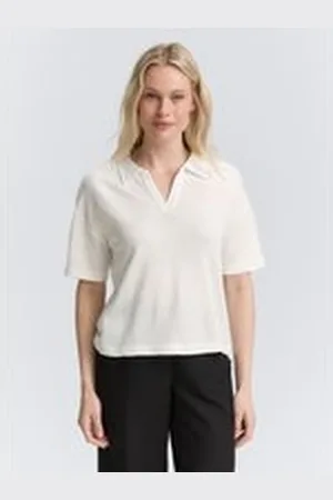 TOM TAILOR Damen T-Shirt mit Polokragen, weiß, Uni, Gr. XL, viskose