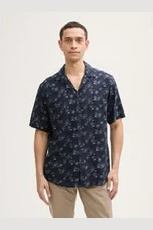 TOM TAILOR Herren Regular Fit Kurzarmhemd mit Leinenanteil, blau, Gemustert, Gr. XXL, viskose