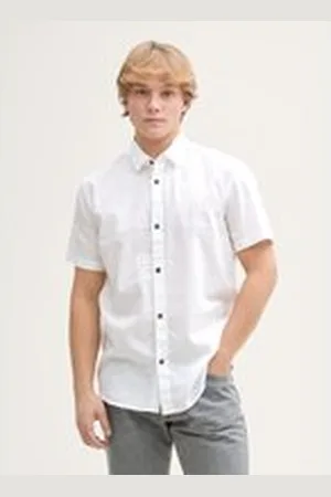 TOM TAILOR Herren Regular Fit Kurzarmhemd mit Leinenanteil, weiß, Uni, Gr. XXL, leinen_zertifiziert
