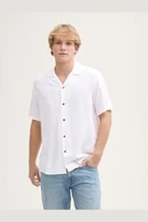 TOM TAILOR Herren Relaxed Fit Kurzarmhemd mit Leinenanteil, weiß, Uni, Gr. XXL, viskose