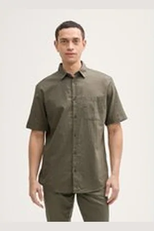 TOM TAILOR Herren Regular Fit Kurzarmhemd mit Leinenanteil, grün, Uni, Gr. XXL, leinen_zertifiziert