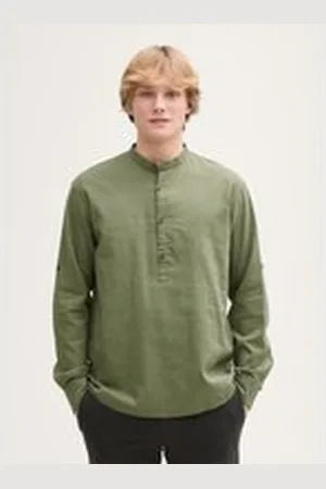 TOM TAILOR Herren Relaxed Fit Tunika Hemd mit Leinenanteil, grün, Uni, Gr. XXL, leinen_zertifiziert