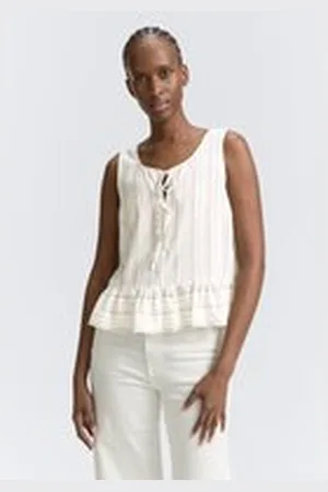 TOM TAILOR Damen Blusentop mit Leinenanteil, weiß, Gestreift, Gr. XL, viskose