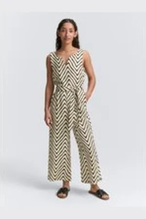 TOM TAILOR Damen Jumpsuit mit Leinenanteil, beige, Gemustert, Gr. 36, leinen_zertifiziert