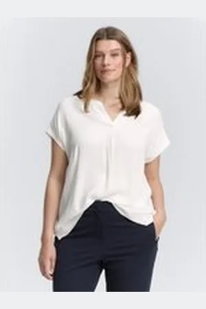 TOM TAILOR Damen Plus Size - Blusenshirt im Material-Mix, weiß, Uni, Gr. 54