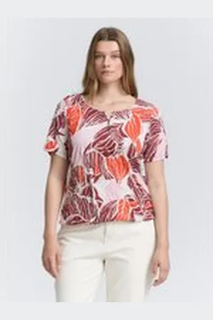 TOM TAILOR Damen Plus Size - Crinkle T-Shirt mit Muster, rot, Gemustert, Gr. 52, polyester_recycelt