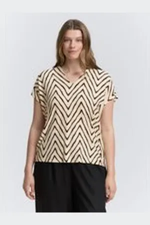 TOM TAILOR Damen Plus Size - T-Shirt mit V-Ausschnitt, beige, Gemustert, Gr. 54, viskose