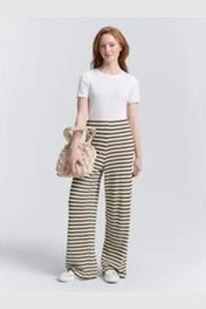 TOM TAILOR Damen Wide Leg Strickhose, grün, Gestreift, Gr. XL, baumwolle
