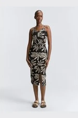 TOM TAILOR Damen Midi-Trägerkleid mit Twist-Detail, schwarz, Gemustert, Gr. XL, viskose