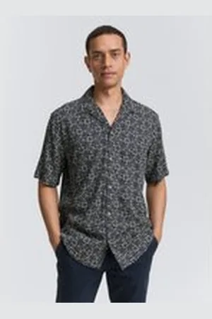 TOM TAILOR Herren Comfort Fit Kurzarmhemd im Hawaii-Look, blau, Gemustert, Gr. XXL, viskose_lenzing_ecovero