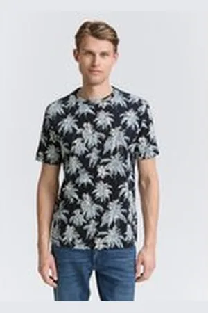 TOM TAILOR Herren T-Shirt mit Palmen-Print, blau, Palmenprint, Gr. XXL, baumwolle