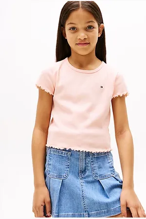 Tommy Hilfiger Geripptes Slim Fit Kurzarm-Top mit Rüschen