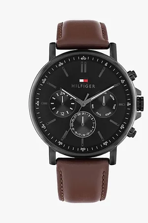 Tommy Hilfiger Schwarze Uhr mit braunem Lederarmband