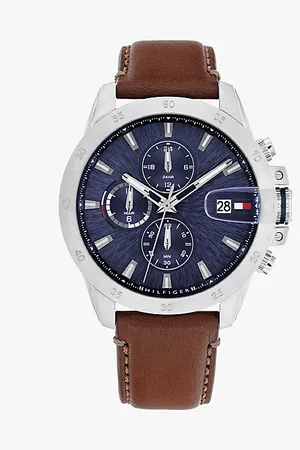 Tommy Hilfiger Blaue Uhr mit braunem Lederarmband