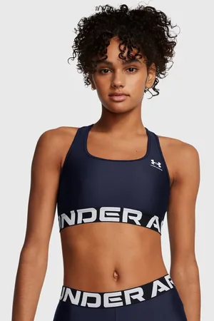 Under Armour HeatGear® Armour Mid Sport-BH mit Branding für Damen Midnight Blaue Marine / Weiß L