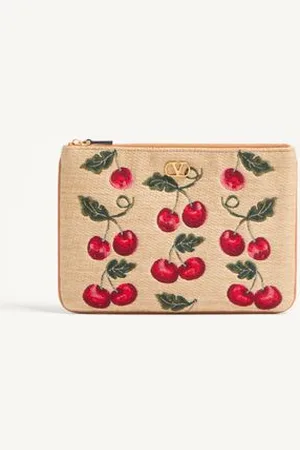 VALENTINO GARAVANI VLOGO SIGNATURE CLUTCH AUS JACQUARD-RAFFIABAST MIT CHERRYFIC-MOTIV Frau UNI