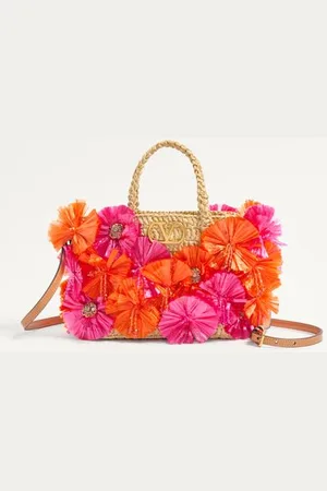 VALENTINO GARAVANI KLEINER SHOPPER AUS RAFFIABAST MIT BLUMEN UND PERLEN Frau UNI