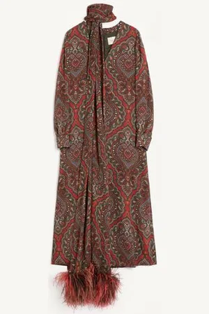 VALENTINO GEORGETTE-MIDIKLEID MIT VOYAGE IMAGINAIRE KASCHMIR-PRINT UND FEDERN Frau 36
