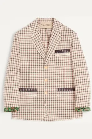 VALENTINO EINREIHIGES BAUMWOLLJACKETT MIT KAROMUSTER UND BEDRUCKTEN SÄUMEN Mann 44