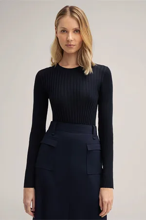 Windsor Schurwoll-Seidenmix-Ripp-Strick-Longsleeve in Navy
