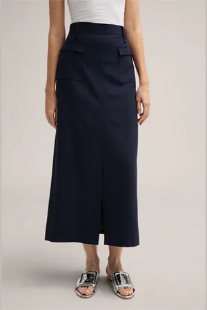 Windsor Schurwollstretch-Maxi-Rock mit Schlitz in Navy