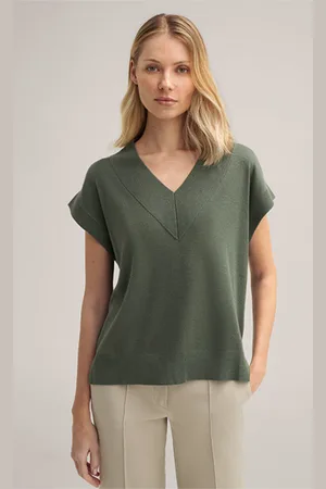 Windsor Schurwoll-Seidenmix-Kurzarm-Shirt mit V-Ausschnitt in Salbeigrün