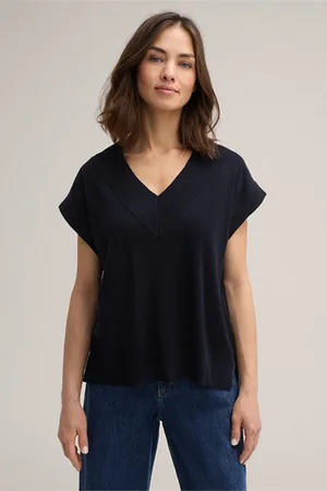 Windsor Schurwoll-Seidenmix-Kurzarm-Shirt mit V-Ausschnitt in Navy